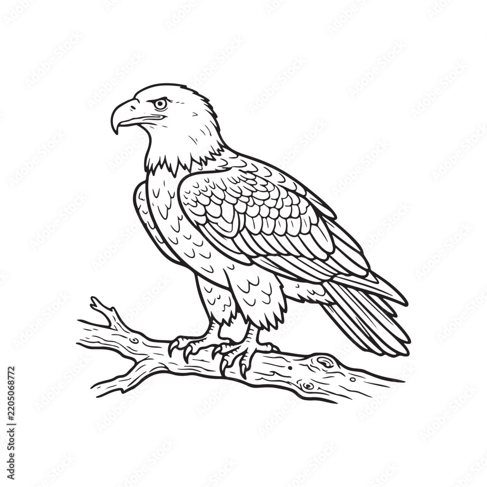 Fototapeta premium Majestic Eagle Perched on a Branch, Detailed Wildlife Line Art Illustration