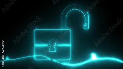 Unlocked padlock animation showing glowing cyan electric lines with energy flow over a dark background. 4K animation.