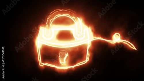 Glowing lock animation featuring fiery electric line art strokes and bright energy movement over a dark background. 4K animation.