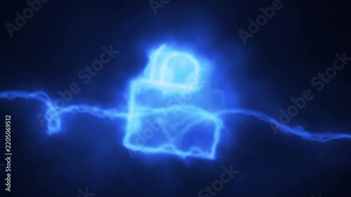Glowing lock animation featuring electric energy streaks on a dark background. Depicting cyber security and data protection. 4K animation.