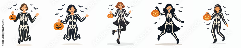 Fototapeta premium Vector illustration of a woman jumping happily while celebrating Halloween in a skeleton costume