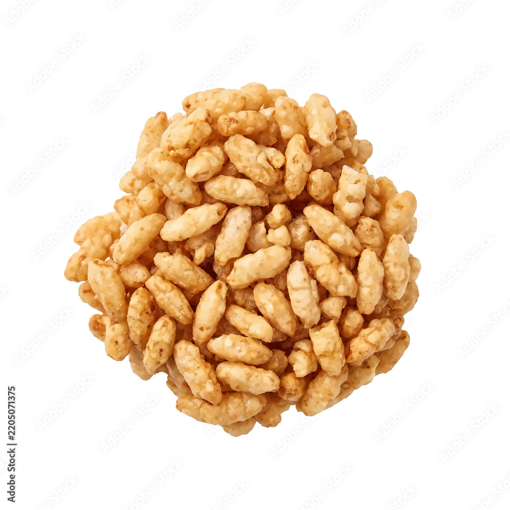 Fototapeta premium Puffed rice cereal ball snack isolated sweet crunchy organic delicious treat macro photography cutout on transparent background