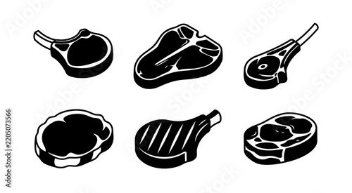 Assorted fresh meat cuts collection including steak lamb chop and rib designs for butcher shop branding and restaurant menu illustrations