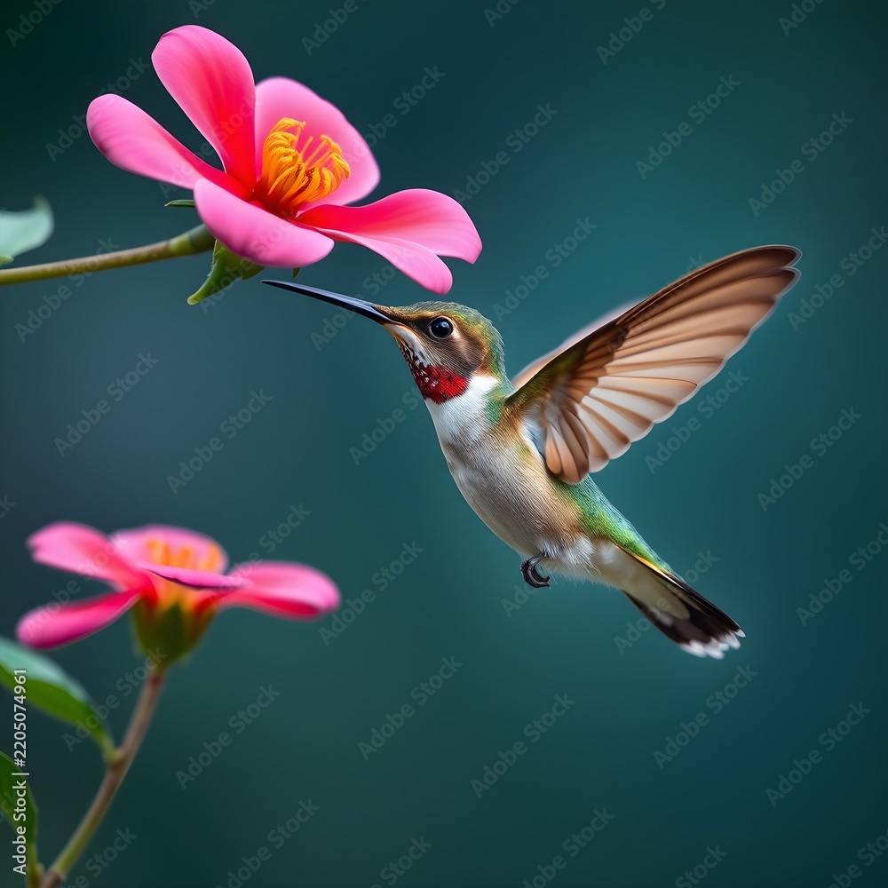 Fototapeta premium Hummingbird Feeding on Pink Flower