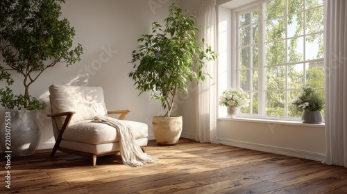A bright room features a comfortable armchair bathed in sunlight from a large window. This image conveys a sense of peaceful home living and natural light.
