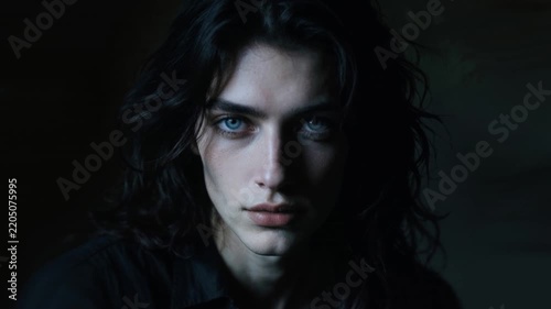 Dramatic Portrait of Young Aristocratic Man with Dark Wavy Hair and Piercing Blue Eyes