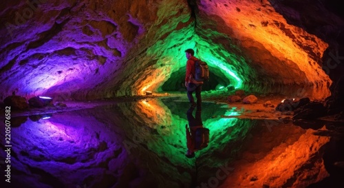 Person exploring colorful, illuminated cave, reflecting in a still pool