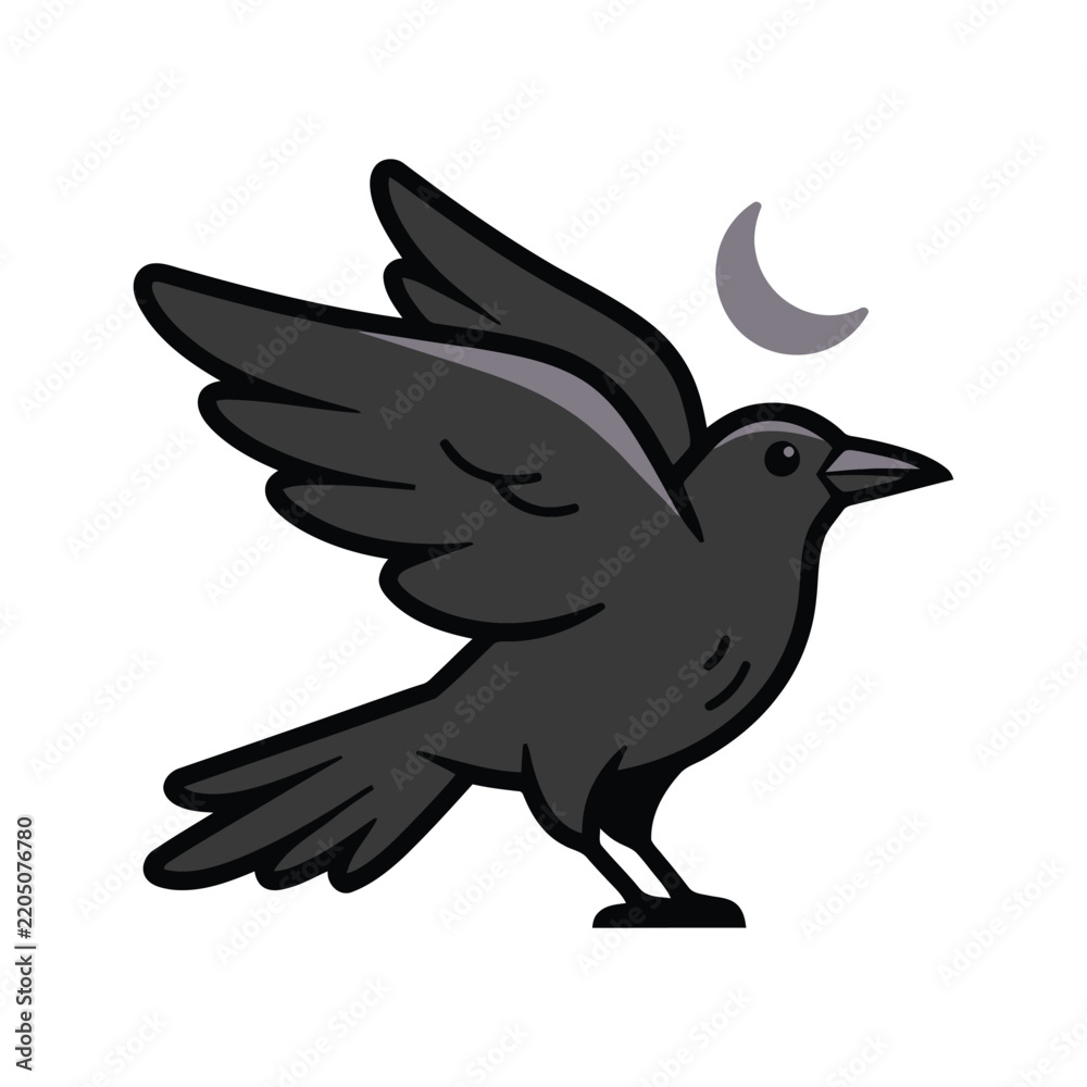 Fototapeta premium Black crow flying with wings spread wide under a small crescent moon on white background
