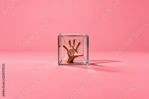 Surreal minimal concept of a human hand trapped inside a clear glass cube on a pink background   