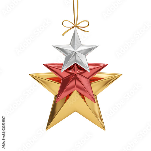 Elegant Red Gold and Silver Star Christmas Ornament Isolated on White Background