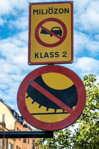 Stockholm, Sweden A street sign on Hornsgatan in the Sodermalm district forbids studded winter tires for  air quality standards.