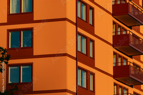 Stockholm, Sweden A sunset view of new residential apartment buildings in the Arsta Berg district.