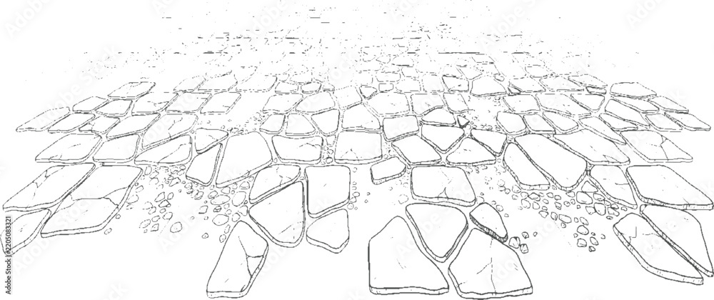 Fototapeta premium Irregular flagstone paving with scattered pebbles and a textured background, in a line style