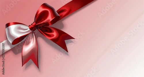 Red and White Satin Ribbon Bow on Pink Background for Gift Wrapping