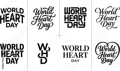 World Heart Day typography designs with varied styles on white background