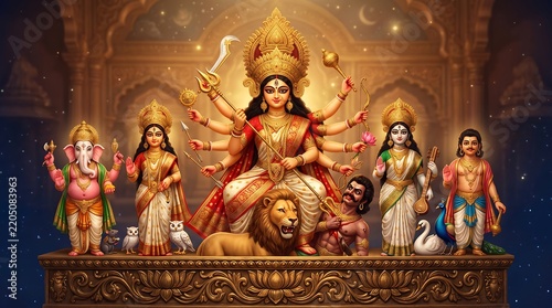 A majestic depiction of goddess durga the powerful protector surrounded by her divine children and consort