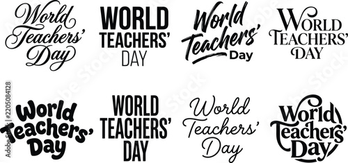 World Teachers Day calligraphy designs in various styles on white background celebrating educators