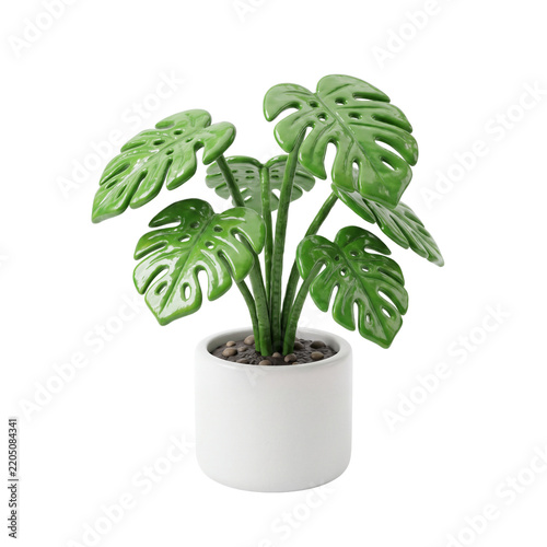 3D Render Potted Monstera Deliciosa Houseplant in Minimalist White Ceramic Pot Isolated on White Background   