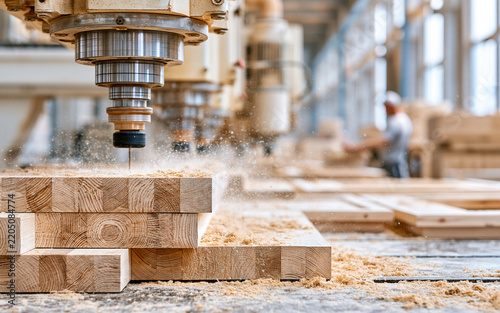 Photo of a woodworking factory, large CNC machines cutting timber, sawdust in the air, craftsman examining finished furniture pieces