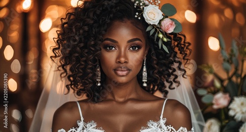 Beautiful African American Bride with Curly Hair and Veil wearing White Wedding Dress