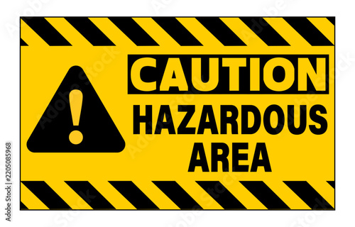 Caution, hazardous area. Warning sign with triangle, text by right and yellow black barricade tape in the upper and lower sides.