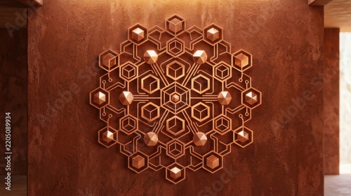 Intricate copper geometric mandala with hexagonal patterns and 3D cubes, set against a textured background