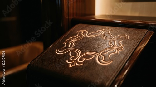 Intricate embossed leather book cover with ornate vintage design in warm lighting