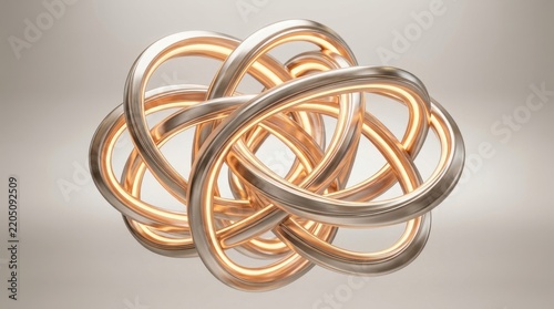 Intricate Metallic Abstract Sculpture with Internal Golden Glow, Interlocking Rings and Complex Geometric Design