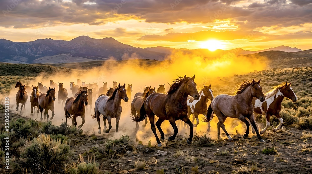 Fototapeta premium Glowing Golden Hour Dust Clouds Behind Running Wild Horses