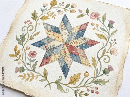vintage watercolor folk art cottagecore Floral wreath surrounds a geometric star design on textured vintage paper.