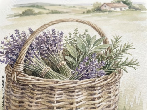 vintage watercolor folk art cottagecore Basket full of fresh herbs in a rustic countryside setting.