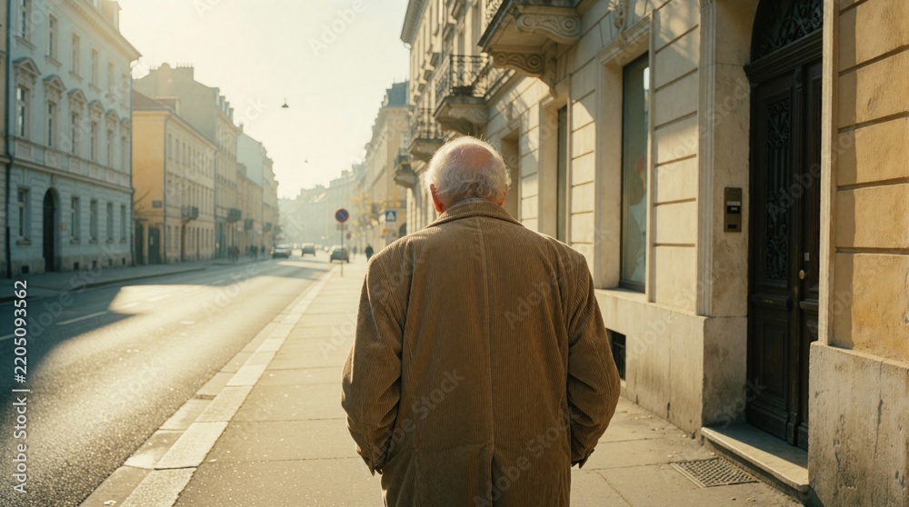 Fototapeta premium Elderly man with dementia walks alone on city street. Senior person looks confused, lost wandering down urban sidewalk. Disoriented old man faces memory loss, cognitive decline in public area during