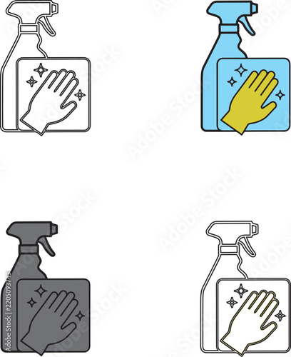 Four cleaning spray and cloth for housework and hygiene concepts