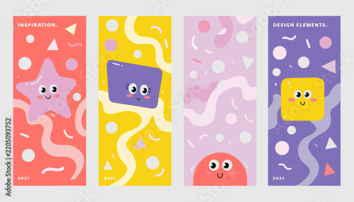 Colorful geometric shapes with faces form playful vector illustrations