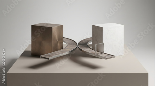 Conceptual representation of an amicable divorce symbolizing separation with metal and marble blocks and curved bridges