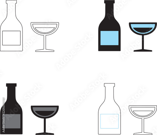 Wine bottle and glass in different outline and solid variations