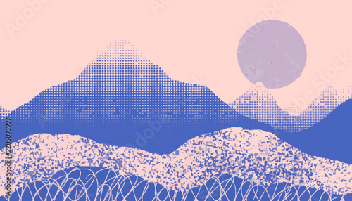 Abstract landscape illustration with dotted mountains and a circular moon