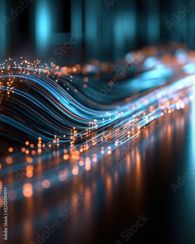 Abstract glowing fiber optic strands representing data flow and digital network connections with bokeh lights