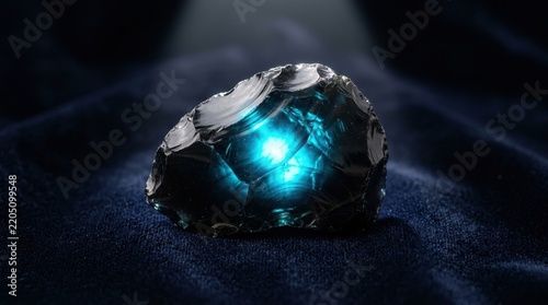 Rough Obsidian Gemstone with Internal Blue Glow on Dark Textured Surface