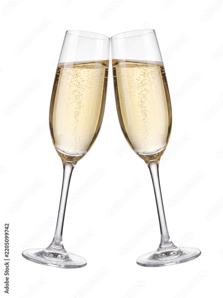 Fototapeta premium Two champagne glasses toasting isolated on transparent background