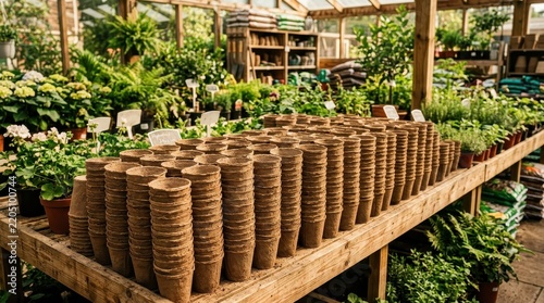 Rows of terracotta plant pots neatly stacked on a wooden shelf in a sunlit greenhouse filled with lush greenery and gardening supplies