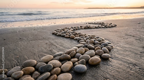 Serene Stone Path Winding Through Sandy Beach Towards Gentle Ocean Waves at Sunset