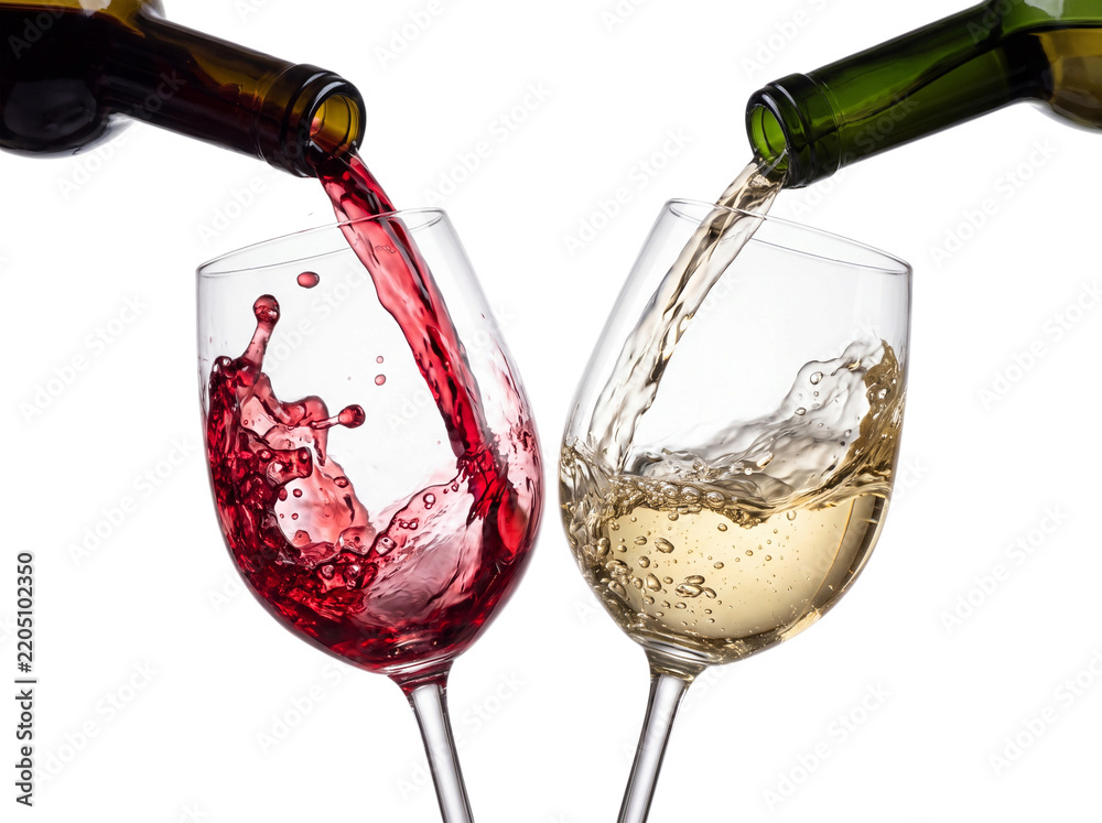 Fototapeta premium Red and white wine pouring isolated on transparent background