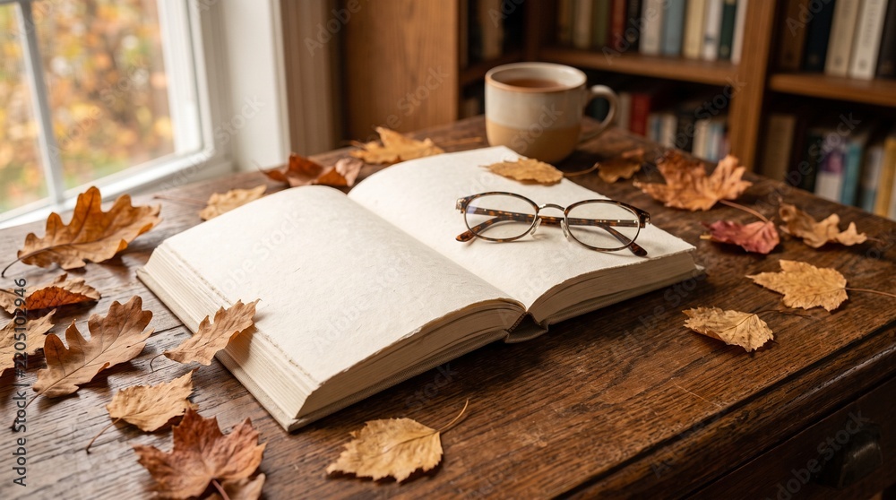 Fototapeta premium Open blank book with eyeglasses on wooden table, autumn leaves and coffee cup in cozy library, warm indoor setting with window view and bookshelves