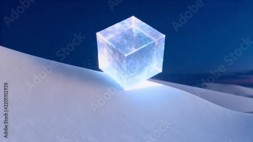 Abstract glowing cube floating above smooth white dunes under a deep blue twilight sky