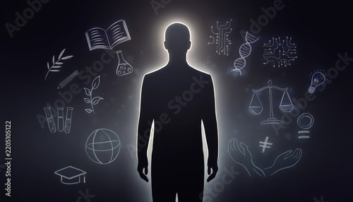 Silhouette of a person surrounded by scientific and technological icons.