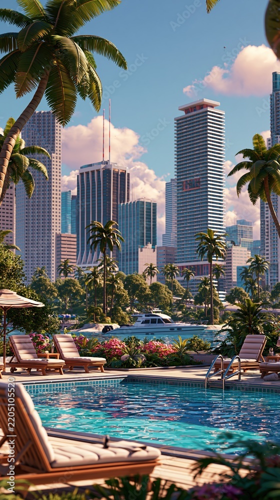 Obraz premium Luxury tropical resort with swimming pool and palm trees overlooking a modern city skyline