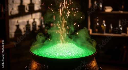 Cauldron brews a bubbling green potion with glowing sparks rising up.