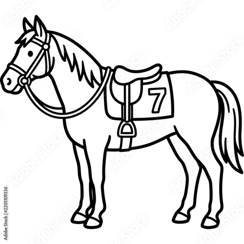 Cartoon racehorse with saddle and number seven outline illustration