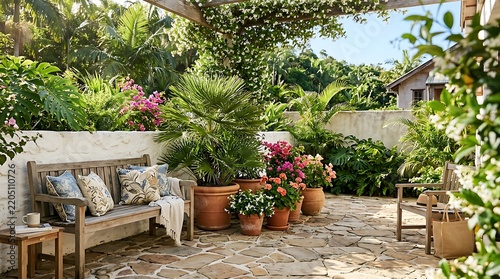 A serene and lush outdoor patio featuring a wooden bench with cushions, numerous potted plants with vibrant flowers, and a stone-paved floor, surrounded by abundant greenery and a charming garden.